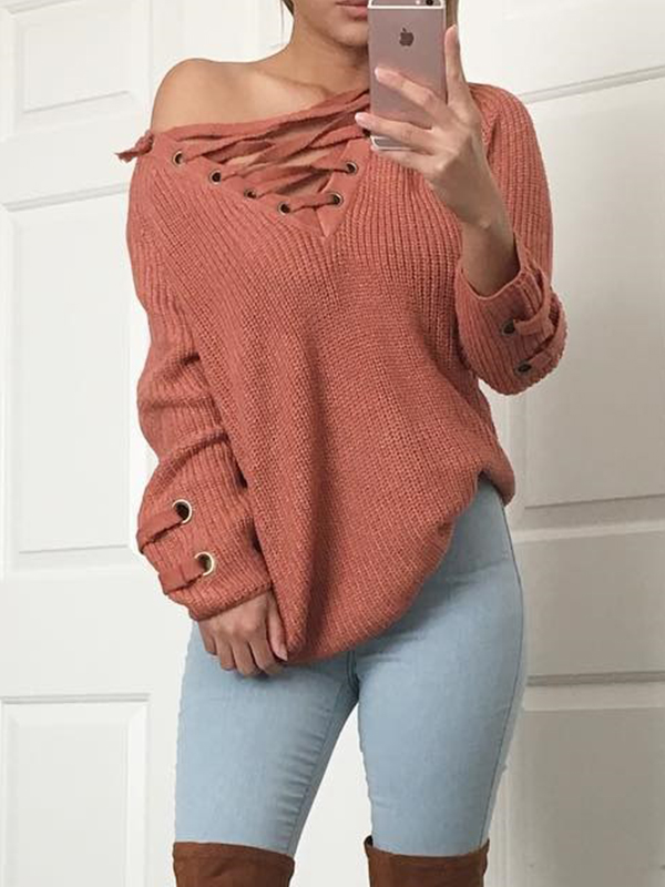 Leisure V Neck Long Sleeves Drill Red Acrylic Sweaters Leisure V Neck Long Sleeves Drill Red Acrylic Sweaters<br>