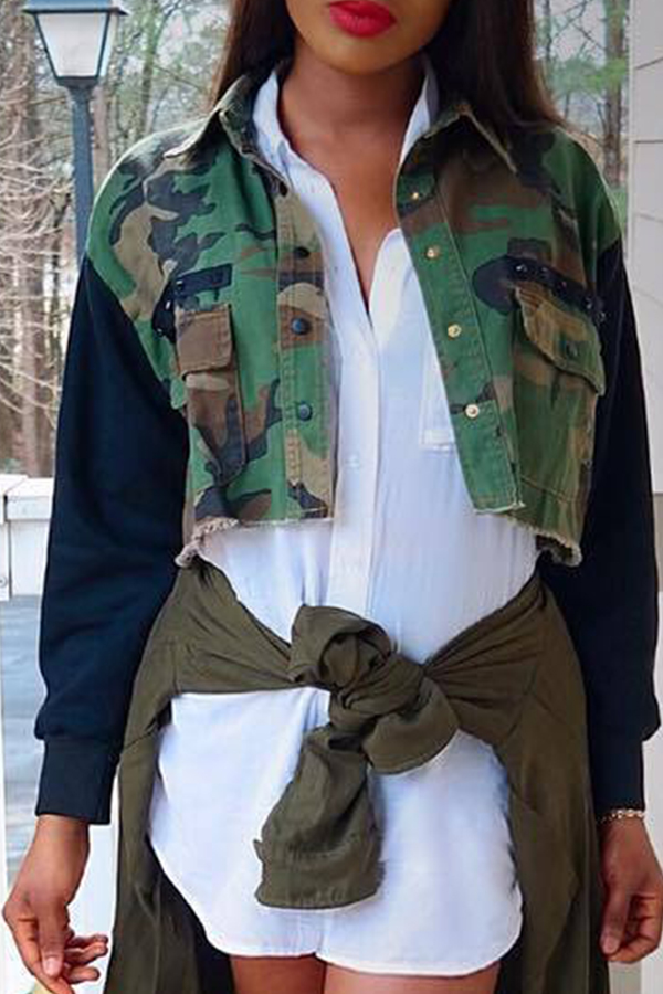 

Lovely Casual Short Camouflage Printed Army Green Coat