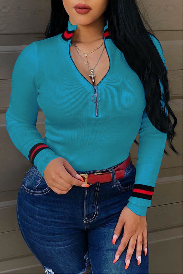 Lovely Casual Bust Zippers Skyblue Sweaters