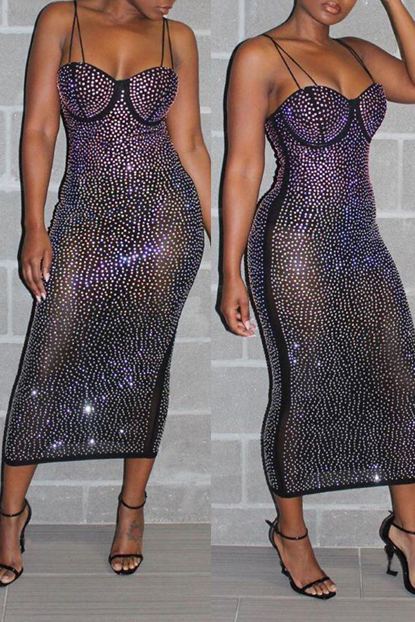 Lovely Sexy See-through Rhinestone Decoration Black Ankle Length Dress(With Lining
Lovely Sexy See-through Rhinestone Decoration Black Ankle Length Dress(With Lining