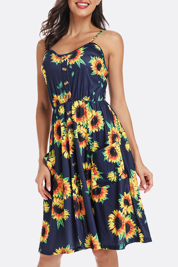 Lovely Casual Spaghetti Straps Sunflower Printed Deep Blue Knee Length A Line Dress
Lovely Casual Spaghetti Straps Sunflower Printed Deep Blue Knee Length A Line Dress
