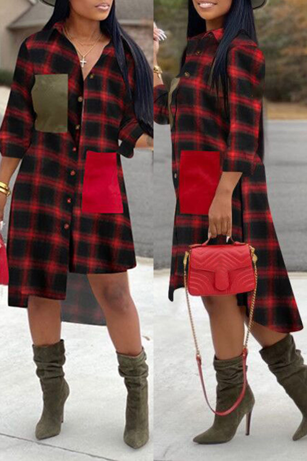Lovely Chic Turndown Collar Plaid Red Mid Calf Dress