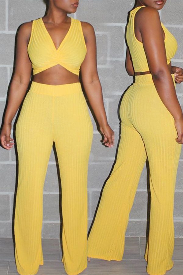 Lovely Chic Basic Yellow Two-piece Pants Set