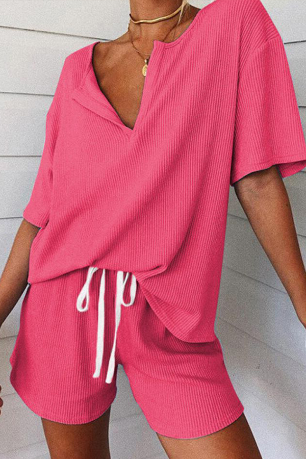 Lovely Casual Lace-up Rose Red Two-piece Shorts Set