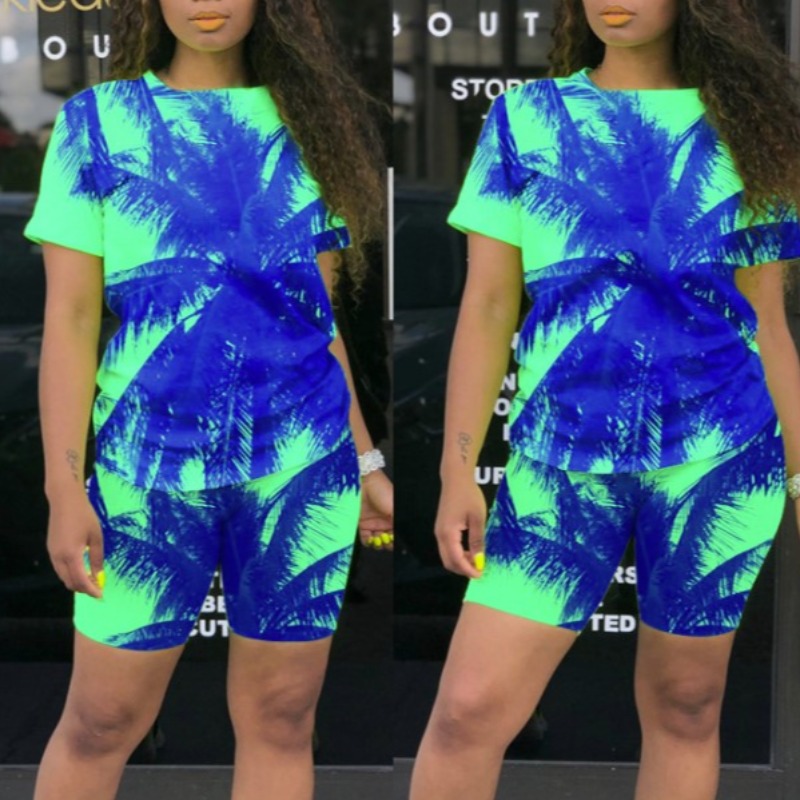 lovely Bohemian Print Blue Two-piece Shorts Set
