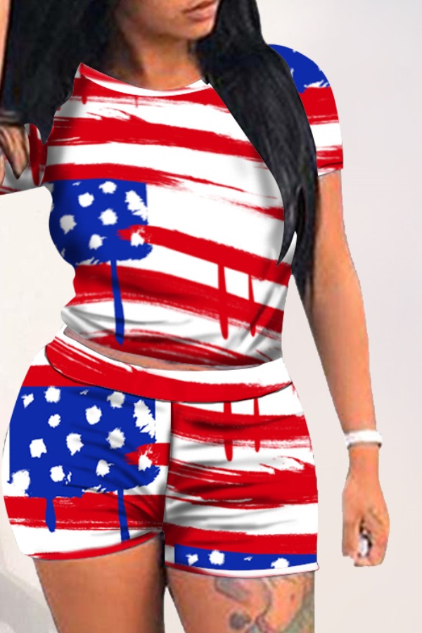 Lovely Independence Day Leisure Print Red Two-piece Shorts Set