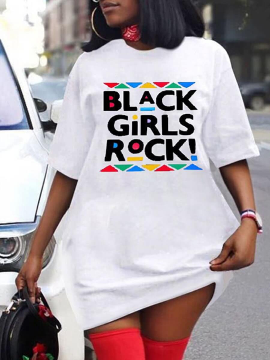 Lovely Plus Size Casual O Neck Letter Print White Mini Dress