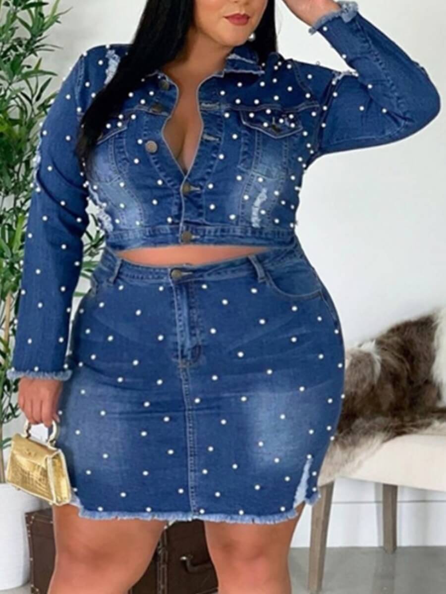 Lovely Stylish Turndown Collar Nail Bead Design Blue Plus Size Denim Two-piece Skirt Set
Lovely Stylish Turndown Collar Nail Bead Design Blue Plus Size Denim Two-piece Skirt Set