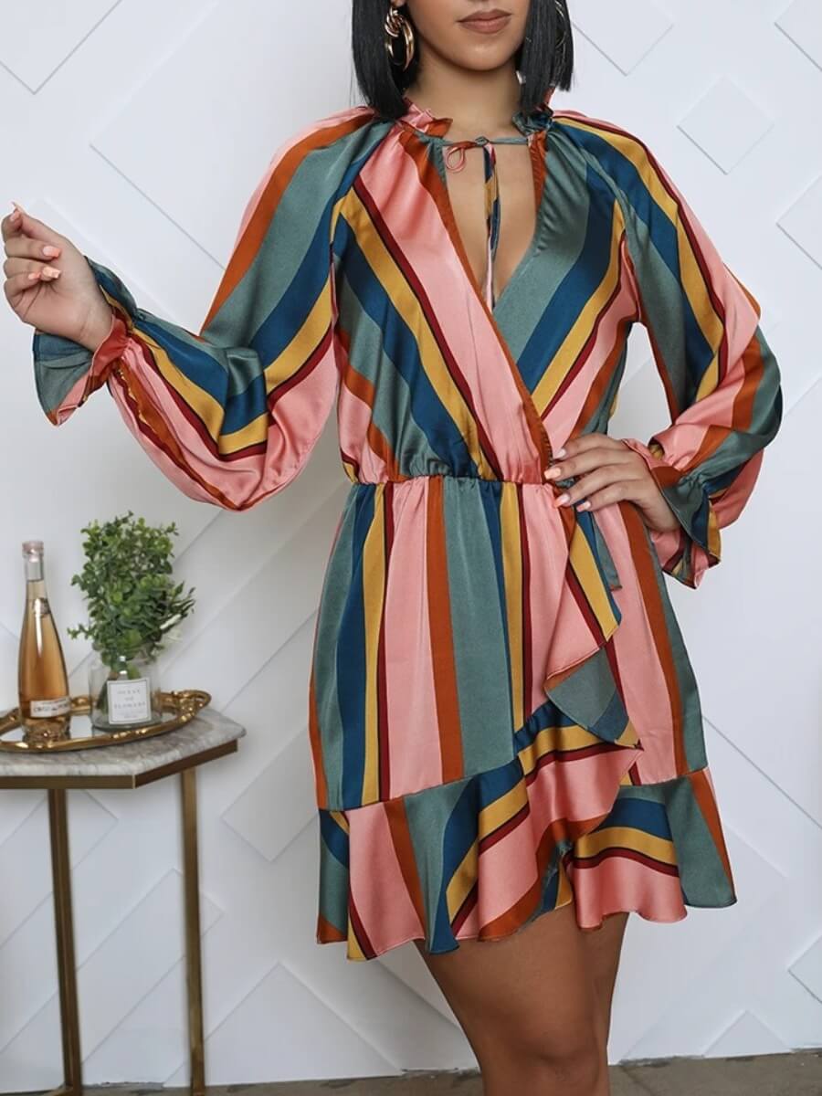 Lovely Trendy Rainbow Striped Flounce Design Multicolor Mini Dress, Multicolor mstn
Lovely Trendy Rainbow Striped Flounce Design Multicolor Mini Dress, Multicolor mstn