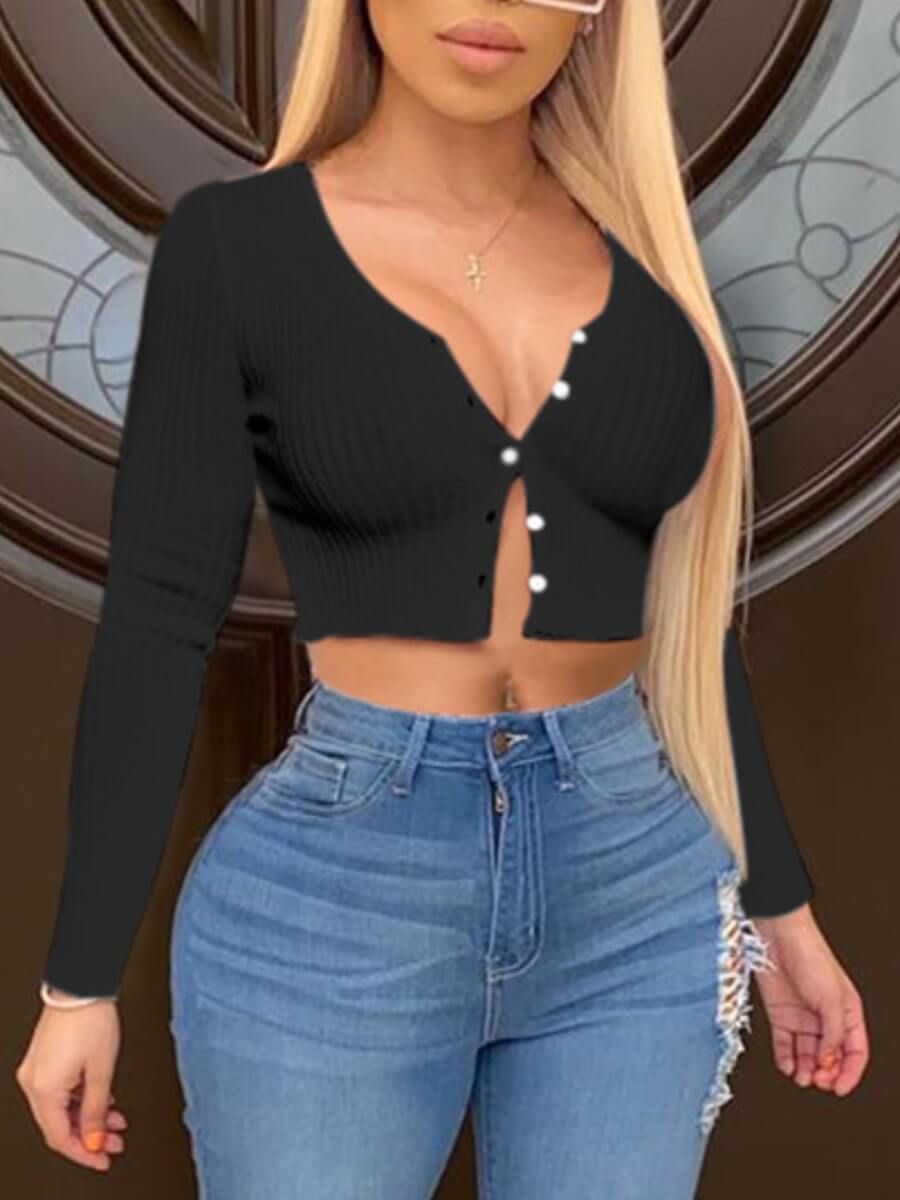 Lovely Trendy V Neck Buttons Design Black Cardigan 
Lovely Trendy V Neck Buttons Design Black Cardigan