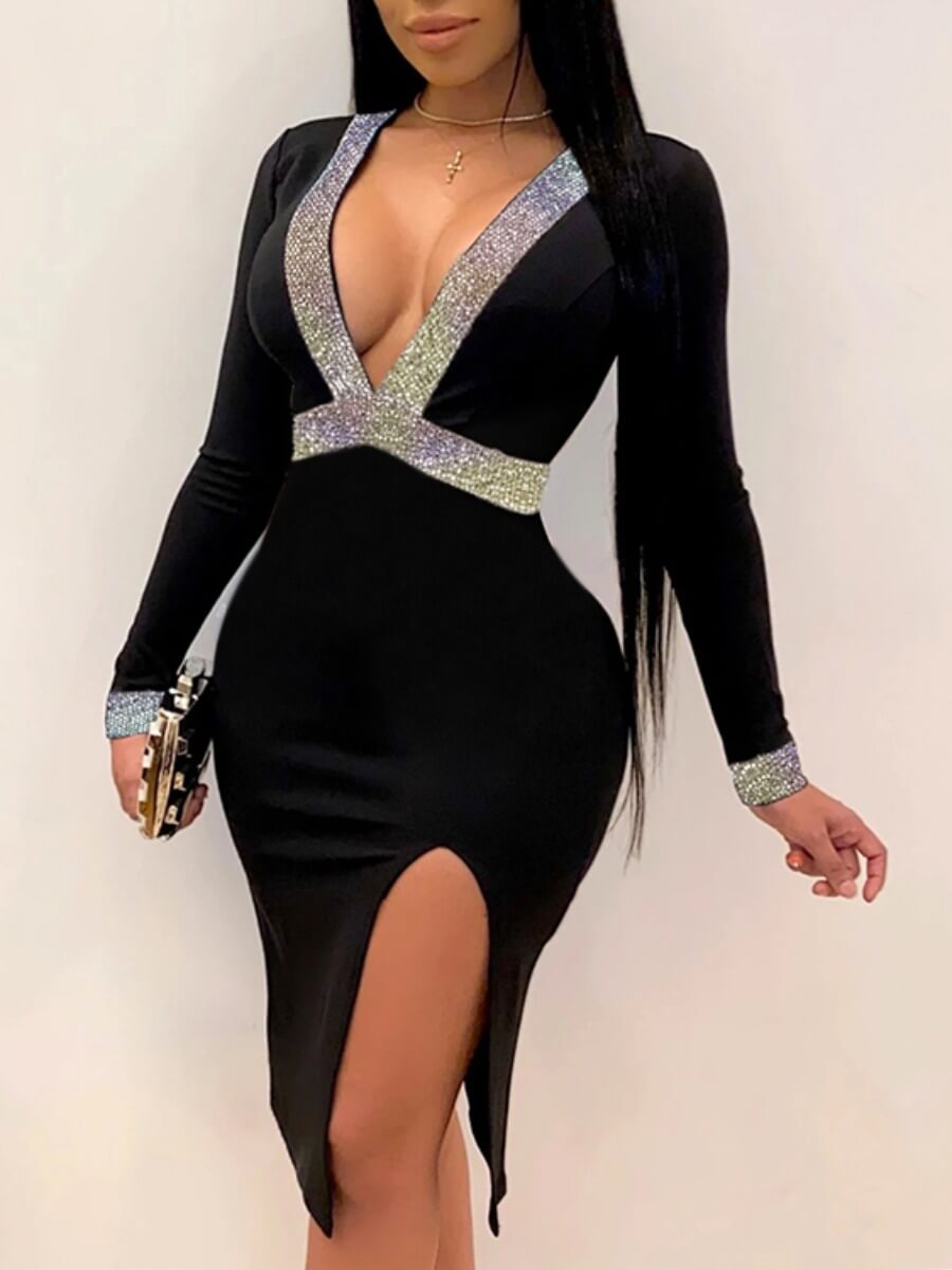 Lovely Sexy Deep V Neck Side Split Patchwork Black Knee Length Evening Dress
Lovely Sexy Deep V Neck Side Split Patchwork Black Knee Length Evening Dress