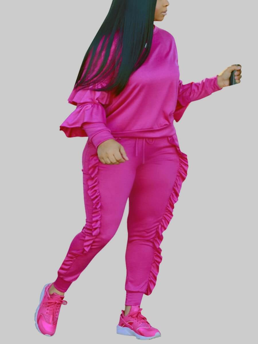 Lovely Casual O Neck Long Sleeve Ruffle Design Rose Red Plus Size Two-piece Pants Set
Lovely Casual O Neck Long Sleeve Ruffle Design Rose Red Plus Size Two-piece Pants Set