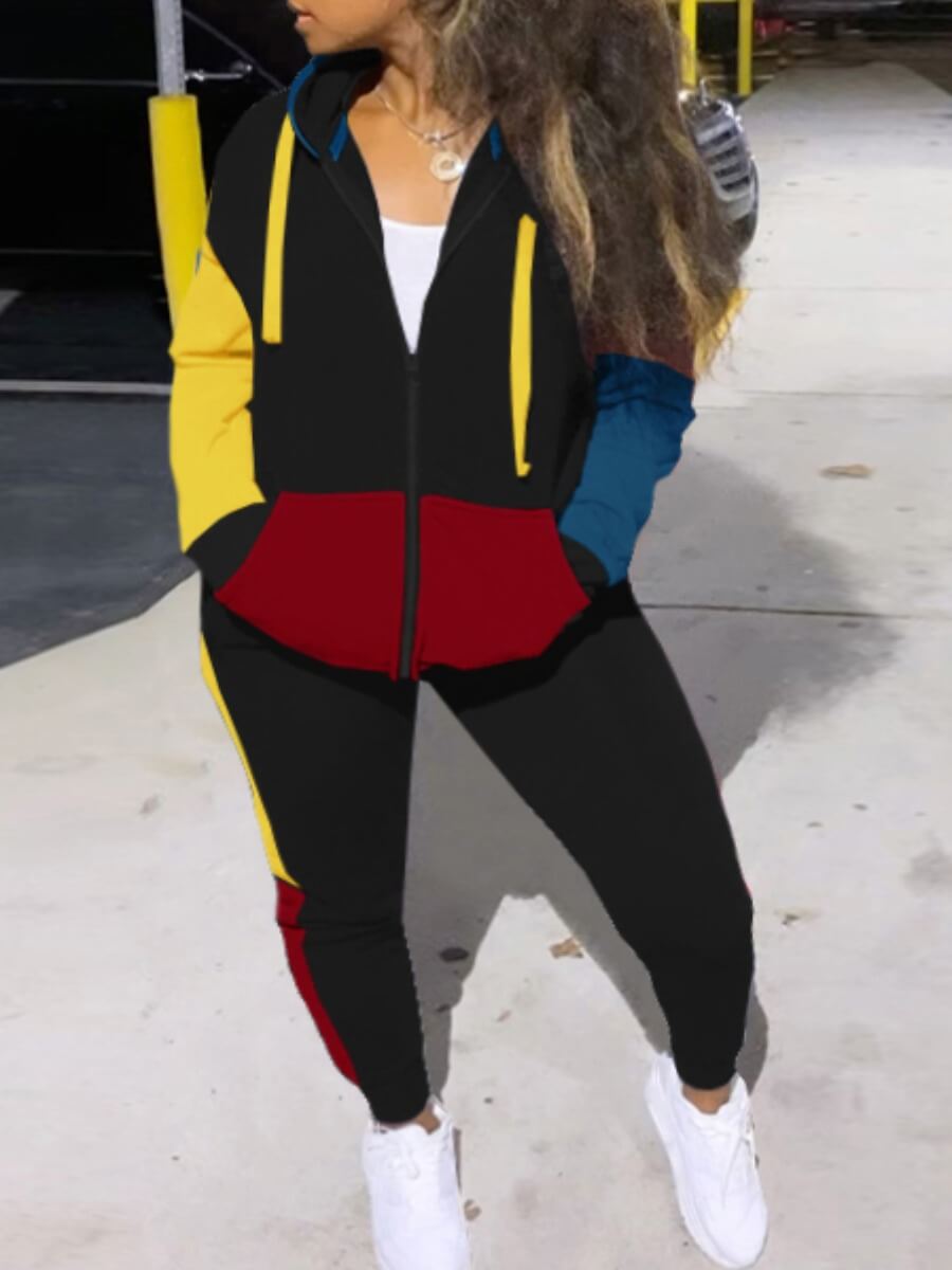 Lovely Sportswear Hooded Collar Color-lump Stitching Black Two Piece Pants Set
Lovely Sportswear Hooded Collar Color-lump Stitching Black Two Piece Pants Set