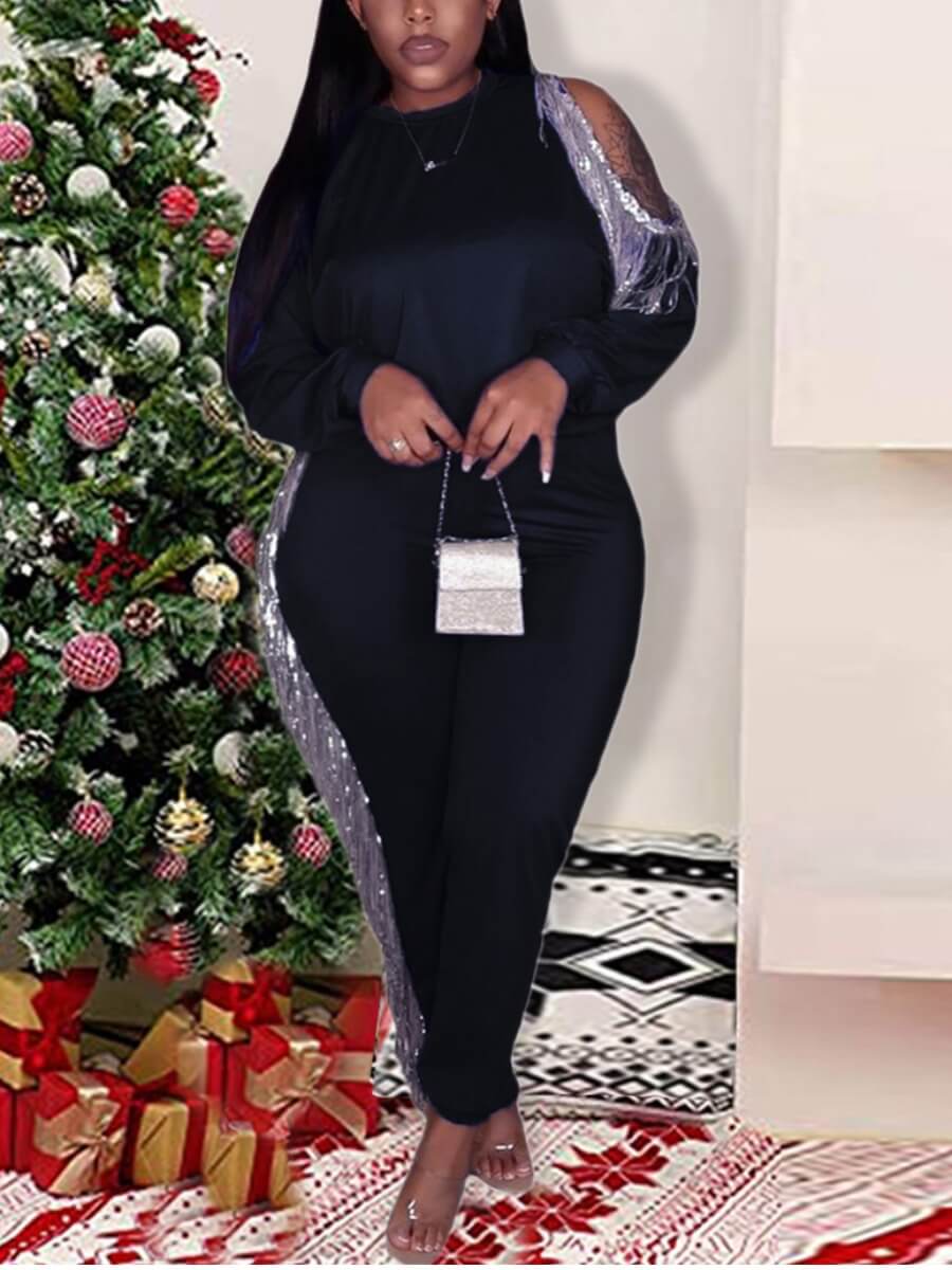 Lovely Trendy Christmas Day Sequined Hollow-out Black Plus Size Two-piece Pants Set
Lovely Trendy Christmas Day Sequined Hollow-out Black Plus Size Two-piece Pants Set