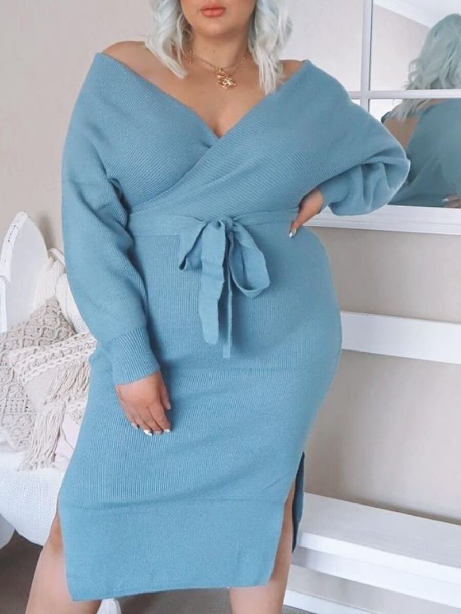 Lovely Elegant V Neck Side Slit Bandage Design Blue Knee Length Plus Size Dress
Lovely Elegant V Neck Side Slit Bandage Design Blue Knee Length Plus Size Dress