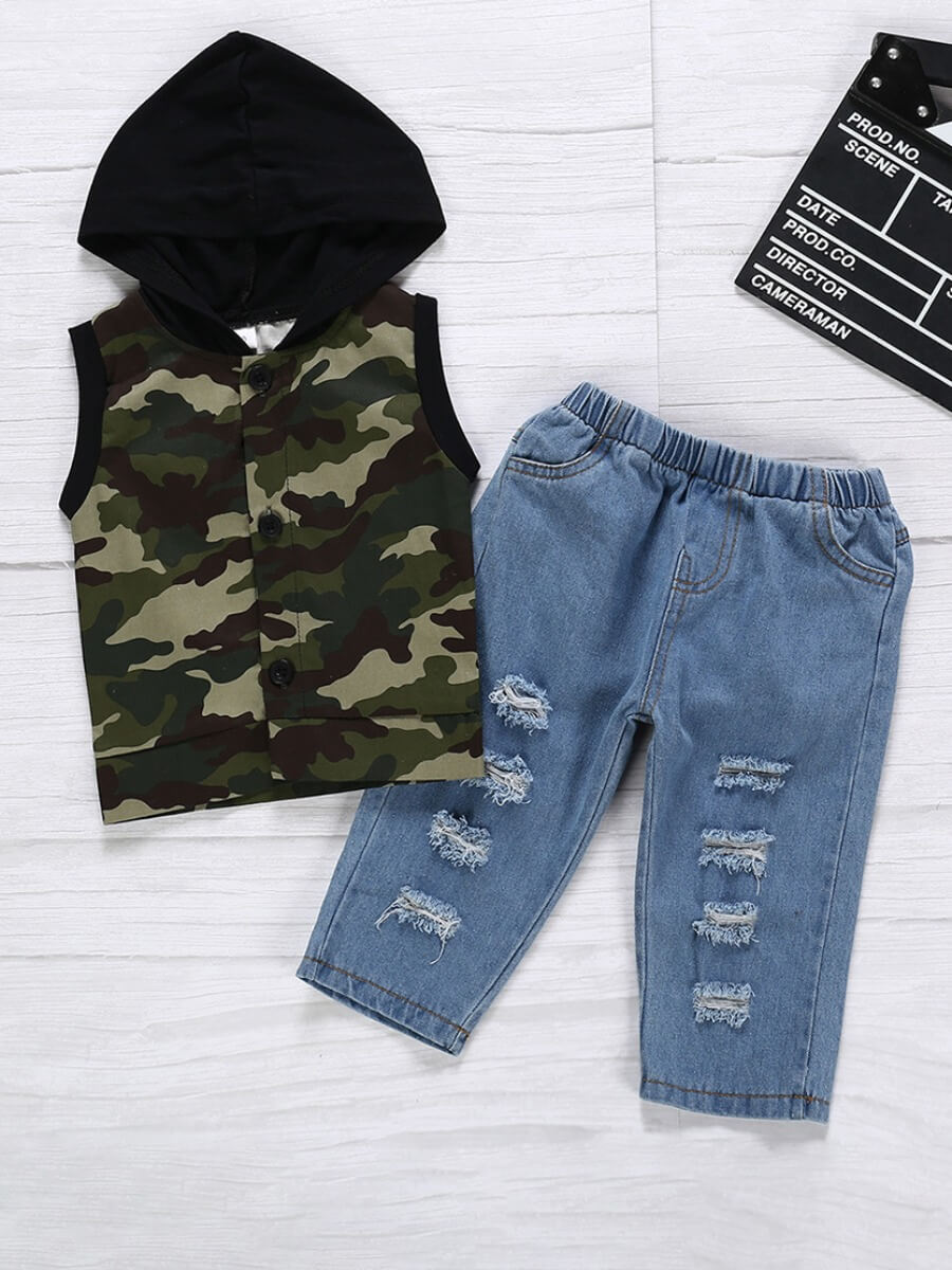 Lovely Casual Camo Print Broken Holes Army Green Boy Two Piece Pants Set, Army green camouflag
Lovely Casual Camo Print Broken Holes Army Green Boy Two Piece Pants Set, Army green camouflag