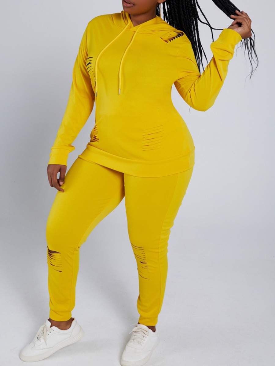 Lovely Sportswear Hooded Collar Broken Holes Yellow Plus Size Two-piece Pants Set
Lovely Sportswear Hooded Collar Broken Holes Yellow Plus Size Two-piece Pants Set