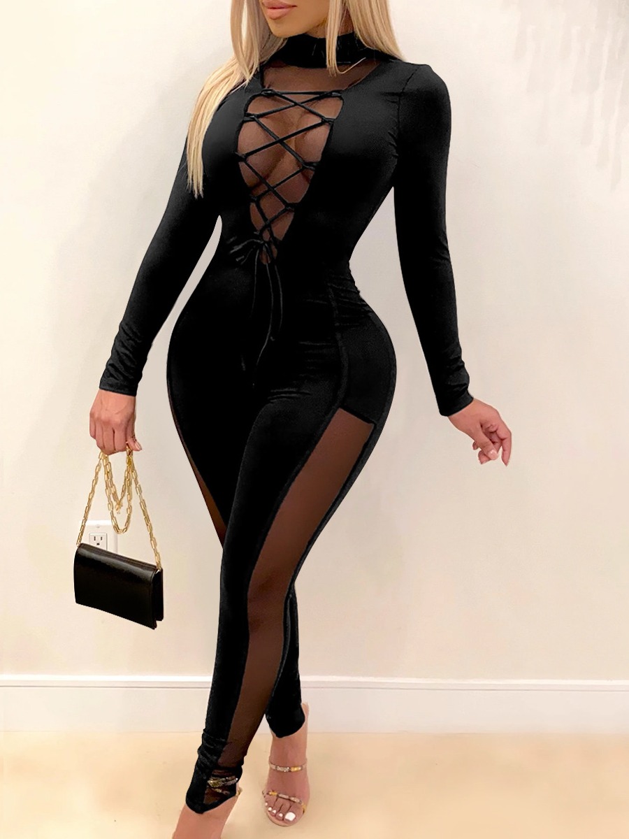 Lovely Sexy Bandage Hollow-out Design Mesh Patchwork Black One-piece Jumpsuit
Lovely Sexy Bandage Hollow-out Design Mesh Patchwork Black One-piece Jumpsuit