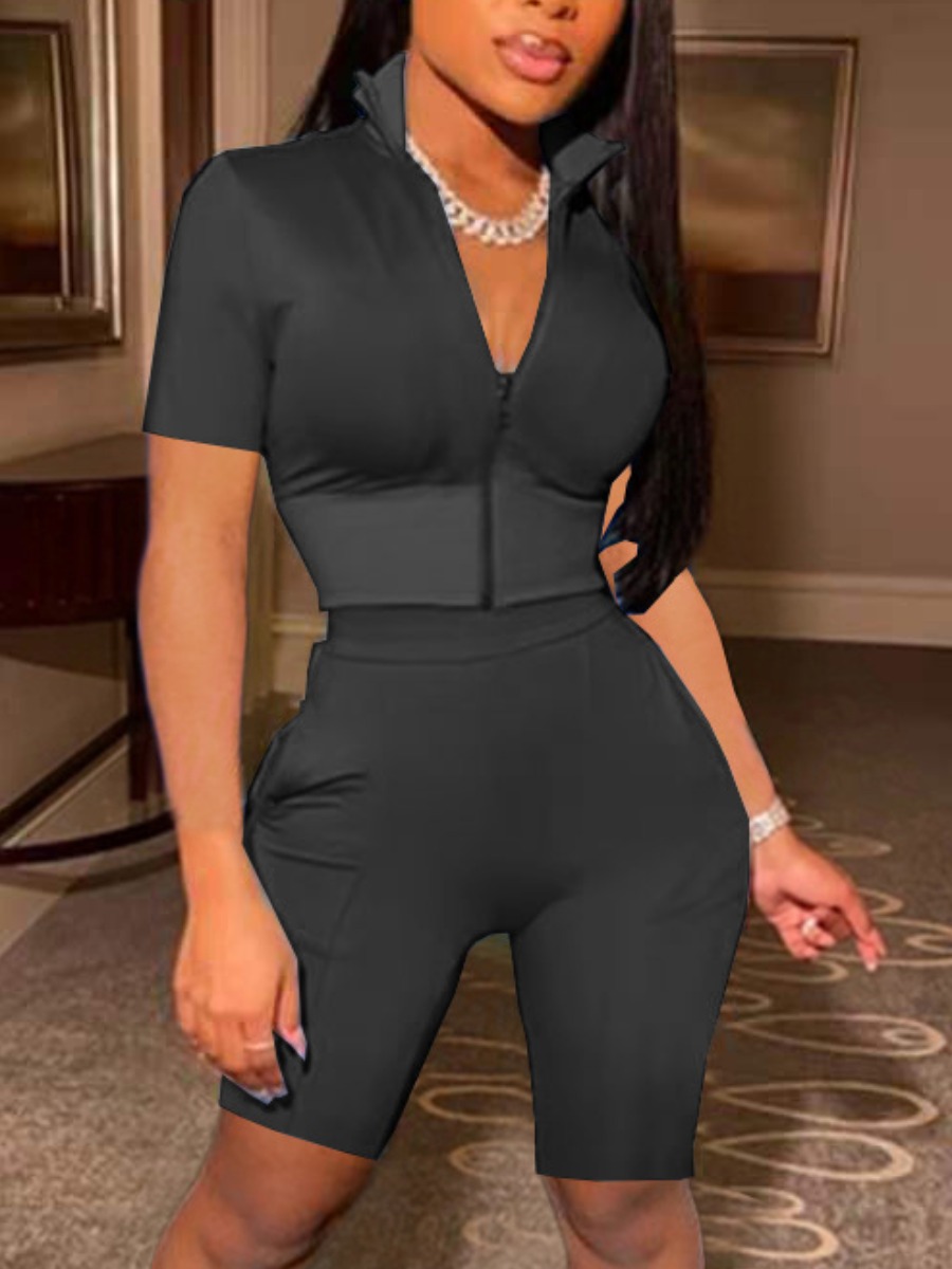 Lovely Sporty Turndown Collar Zipper Design Black Two Piece Shorts Set
Lovely Sporty Turndown Collar Zipper Design Black Two Piece Shorts Set