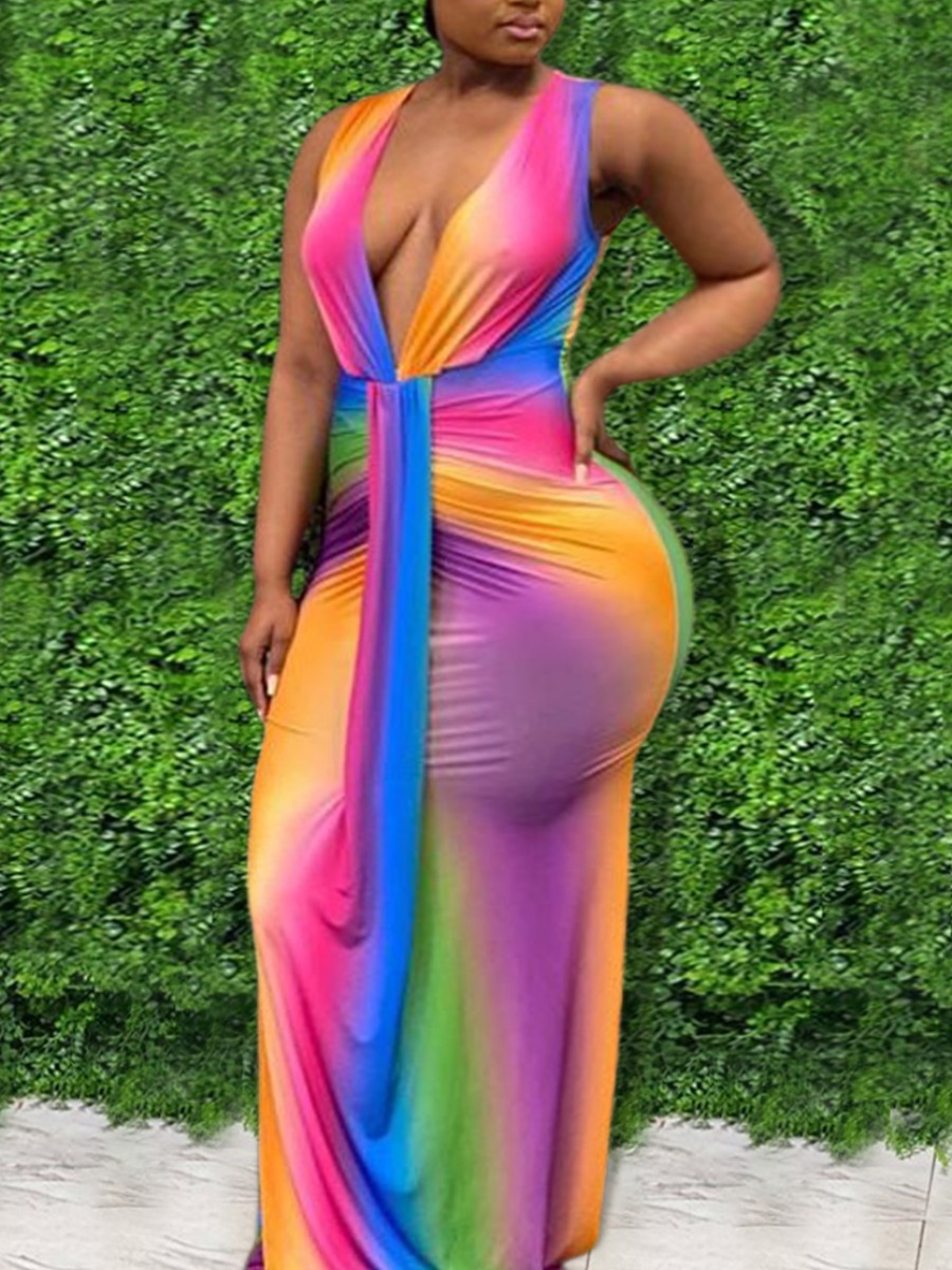 Lovely Plus Size Boho Deep V Neck Gradient Multicolor Floor Length Dress, Multi
Lovely Plus Size Boho Deep V Neck Gradient Multicolor Floor Length Dress, Multi