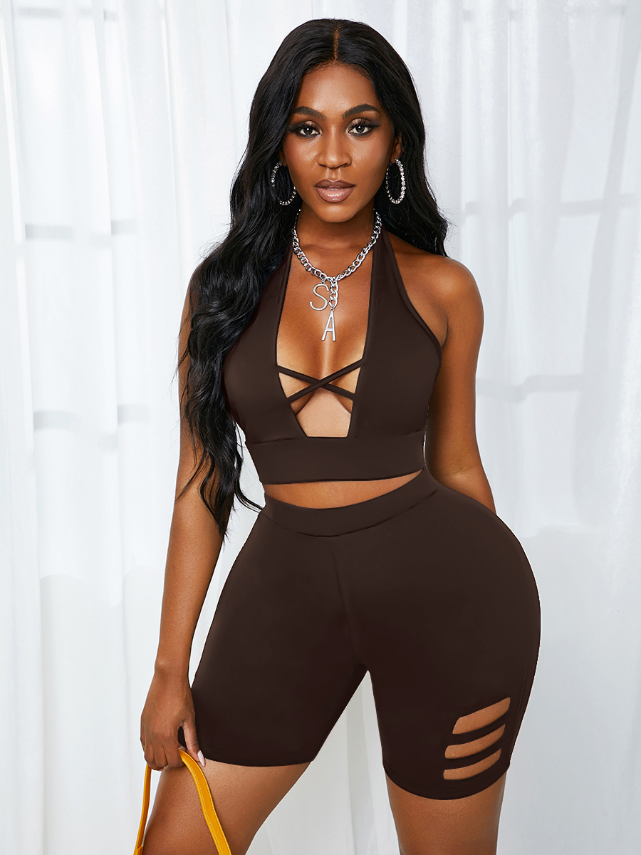 Lovely Cotton Material Series Bandage Hollow-out Design Two Piece Shorts Set, Brown 
Lovely Cotton Material Series Bandage Hollow-out Design Two Piece Shorts Set, Brown