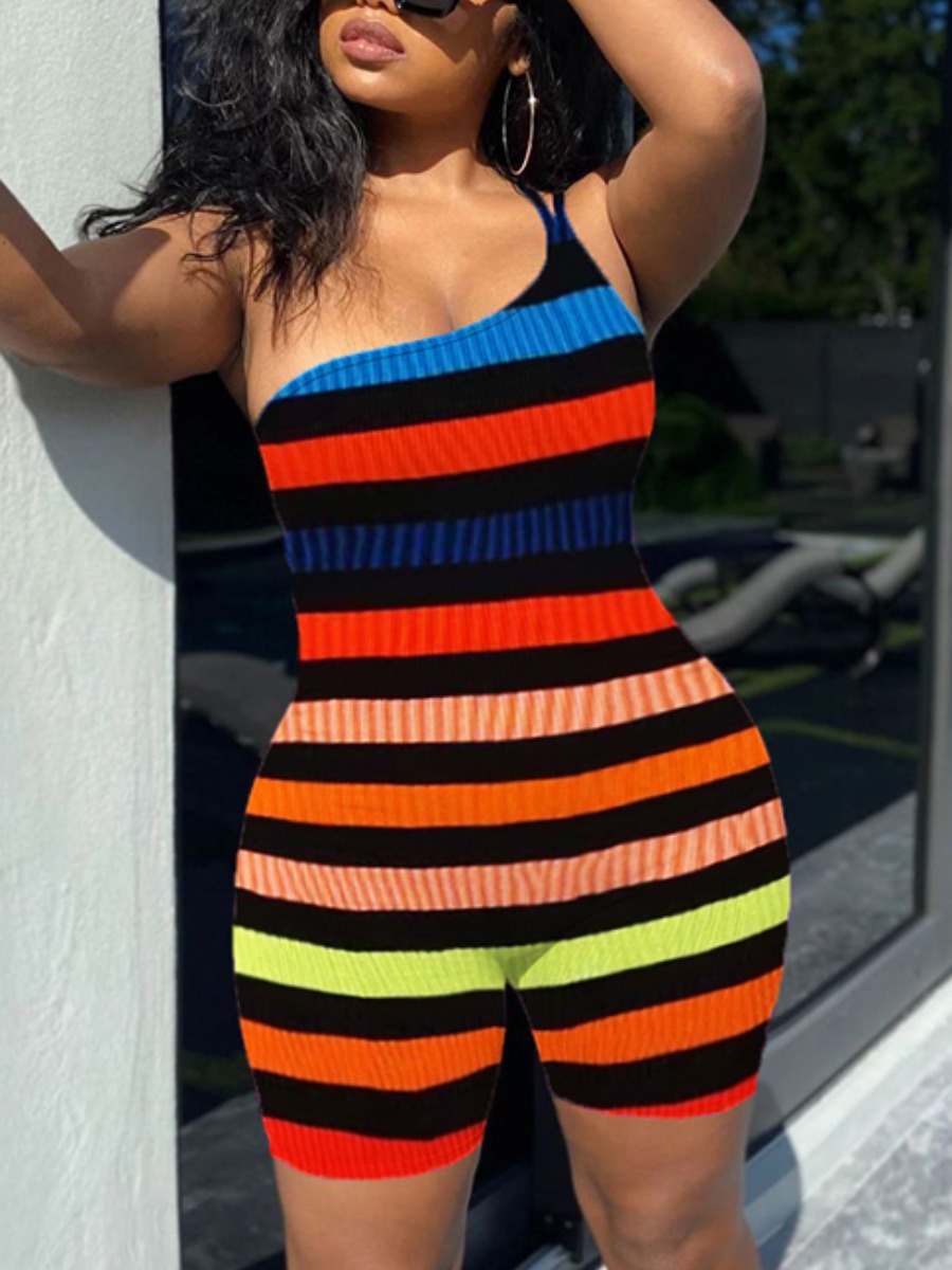 Lovely Plus Size Street One Shoulder Striped Multicolor One-piece Romper, Multicolor stripe
Lovely Plus Size Street One Shoulder Striped Multicolor One-piece Romper, Multicolor stripe