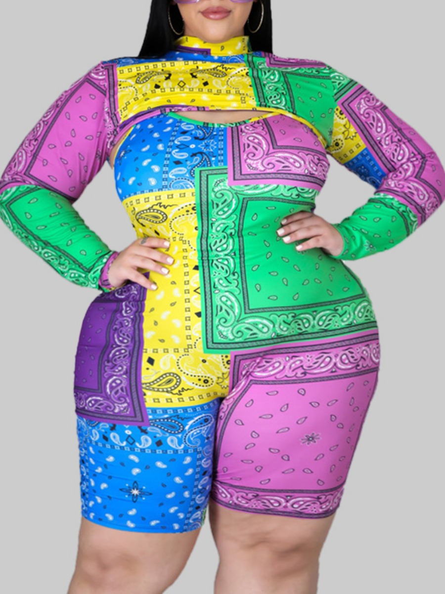 Lovely Plus Size Casual Cashew Print Patchwork Multicolor Two-piece Shorts Set, Multi 
Lovely Plus Size Casual Cashew Print Patchwork Multicolor Two-piece Shorts Set, Multi