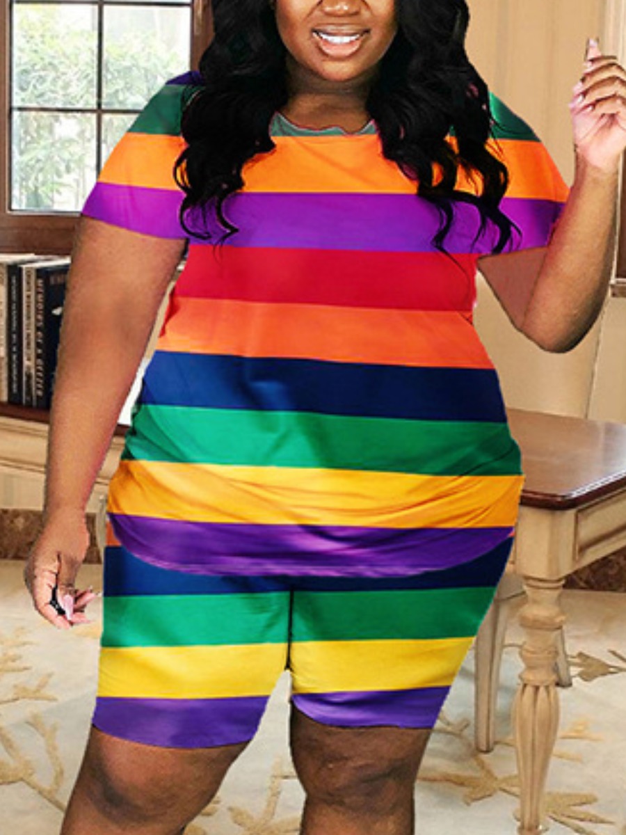 LW Plus Size Rainbow Striped Patchwork Two-piece Shorts Set, Multicolor stripe
LW Plus Size Rainbow Striped Patchwork Two-piece Shorts Set, Multicolor stripe