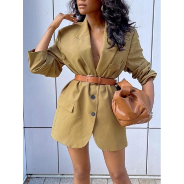 LW Pocket Button Design Blazer (Without Belt), Khaki 
LW Pocket Button Design Blazer (Without Belt), Khaki
