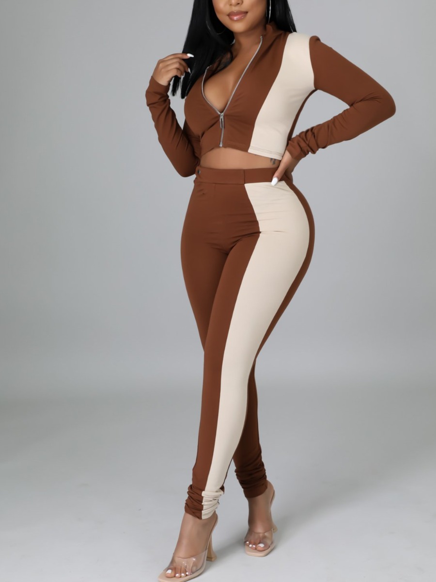 LW Zipper Design Patchwork Crop Top Pants Set, Brown
LW Zipper Design Patchwork Crop Top Pants Set, Brown