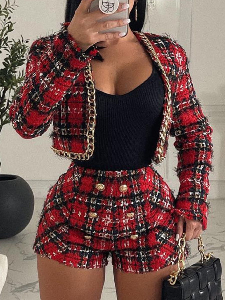 LW Plaid Print Chain Decor Shorts Set (Without Camisole), Red 
LW Plaid Print Chain Decor Shorts Set (Without Camisole), Red