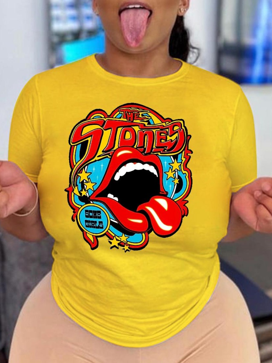 LW Plus Size Letter Lip Print T-shirt, Yellow