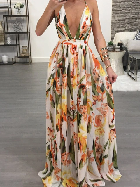 Lovely Sexy V Neck Print Yellow Maxi Dress Sale LovelyWholesale