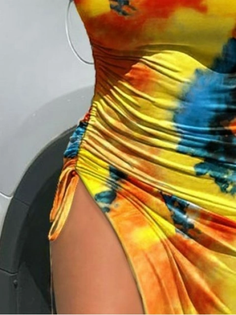 LW Plus Size Tie Dye Ruched Drawstring Bodycon Dress