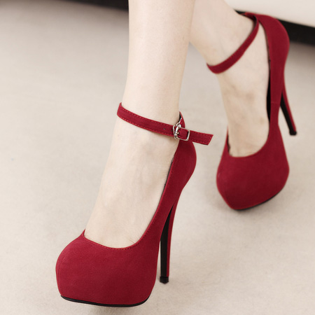 red ankle strap pumps
