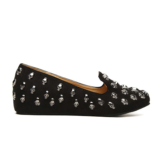 European Round Closed Toe Rivet Embellished Flat Low Heel Black Suede Flats_Flats_Shoes 