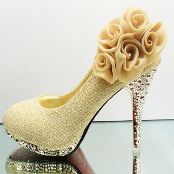 Latest Flower Embellished Round Closed Toe Super High Stiletto Yellow ...