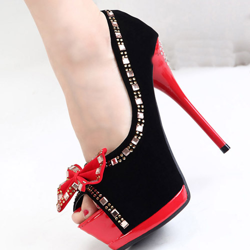 Charming Round Peep Toe Bow Tie Edging Diamond Embellished Stiletto ...