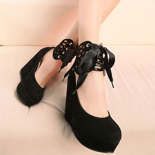 black wedge heels with ankle strap wiht bow