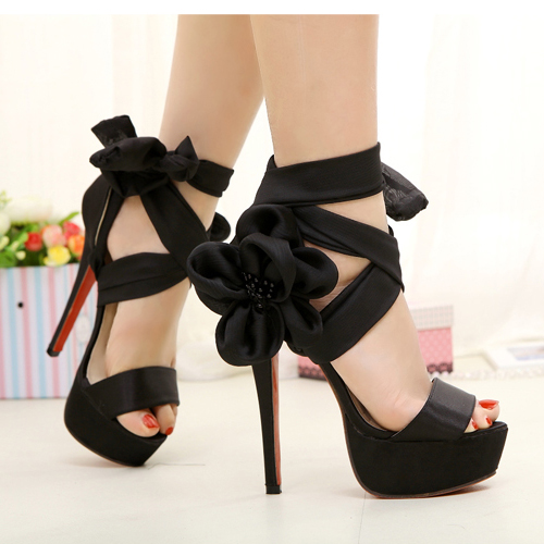 Cheap Women Sandals High Heel Black Suede Adjustable Ankle Wrap Sandals