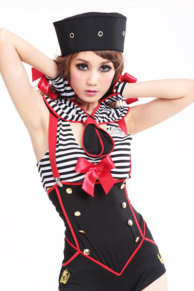 Sexy Navy Girl Stripe Breasted Stripes Halloween Costume Cosplay