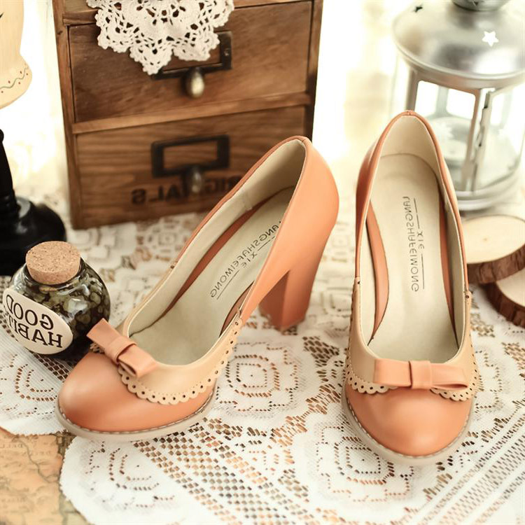 Fashion Round Closed Toe Patchwork Chunky High Heels Yellow PU Pumps