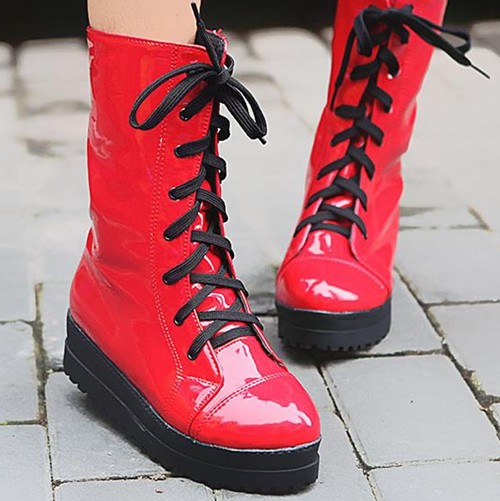 Fashion Winter Round Toe Flat Lace Up Red Patent Leather Short Boots ...