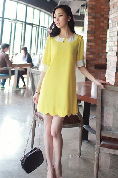 Lovely Peter Pan Collar Half Sleeves Yellow Polyester A Line Mini Dress ...