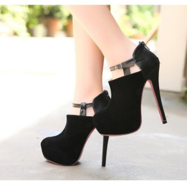 Fashion Round Closed Toe Stiletto High Heels Black PU Ankle Strap Pumps ...