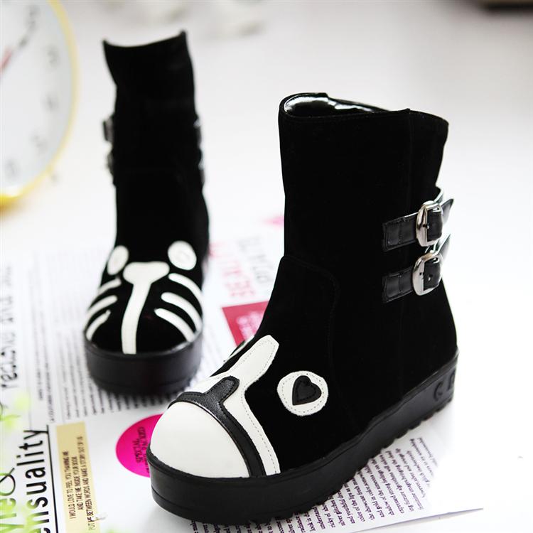 Winter Round Toe Dog&Cat Print Flat Low Heel Slip On Leather Short Snow