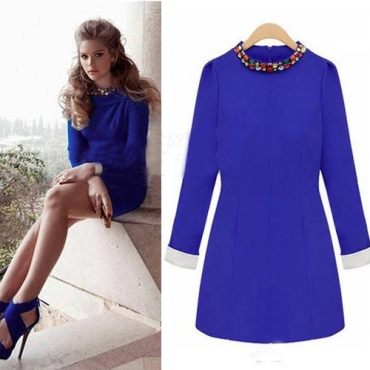 2014 Cheap Fashion O Neck Dress Long Sleeve Waist Blue Mini Dress