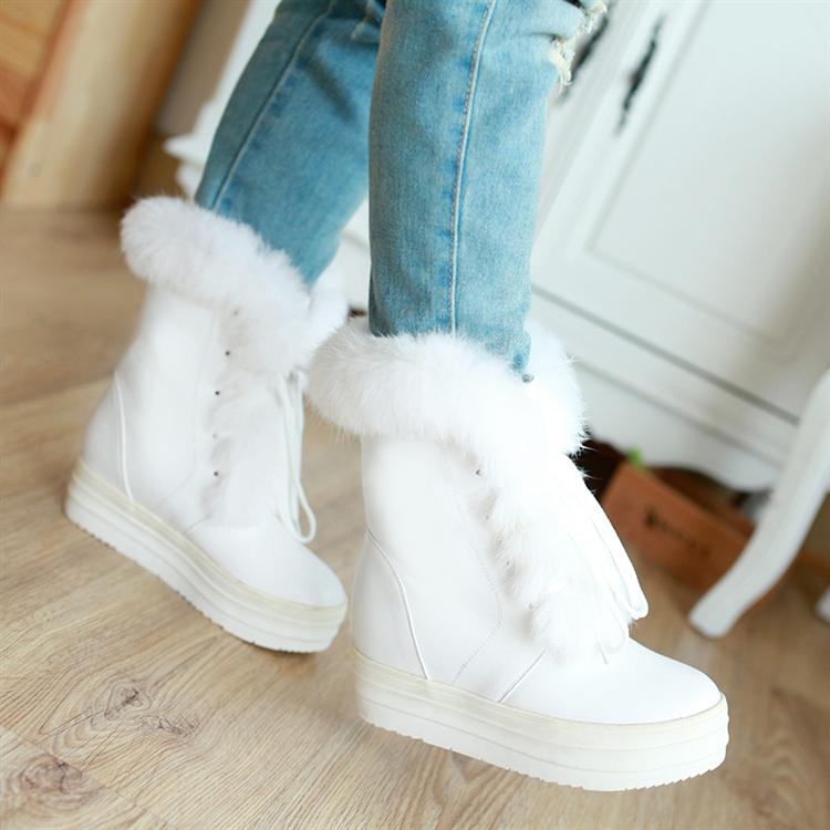 Winter Round Toe Flat Mid Heel Lace Up Ankle Feathers White Snow Boots ...