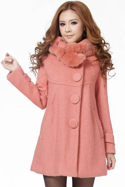 New Style Hooded Long Sleeve Single Breasted Pink Polyester Coat_Wool ...