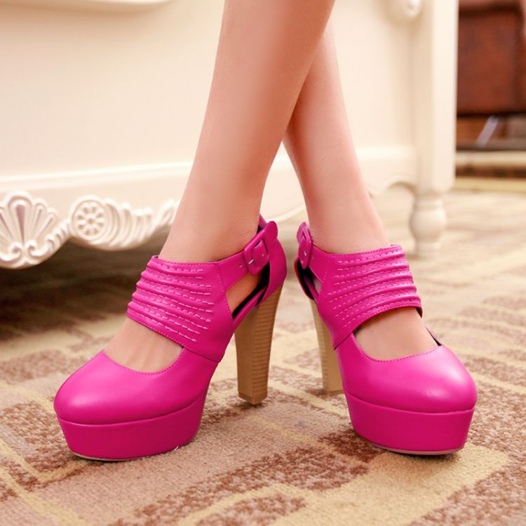 Fashion Chunky High Heel Basic Red PU Sandals_Sandals_Shoes_LovelyWholesale | Wholesale Shoes 